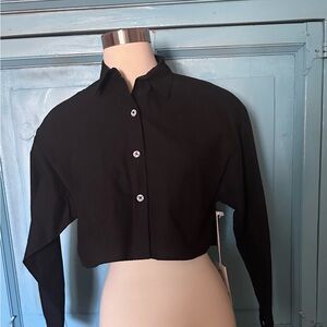 Black Long Sleeve Cropped Button Down Shirt